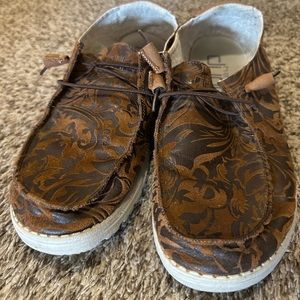Hey Dude leather tooled look shoes